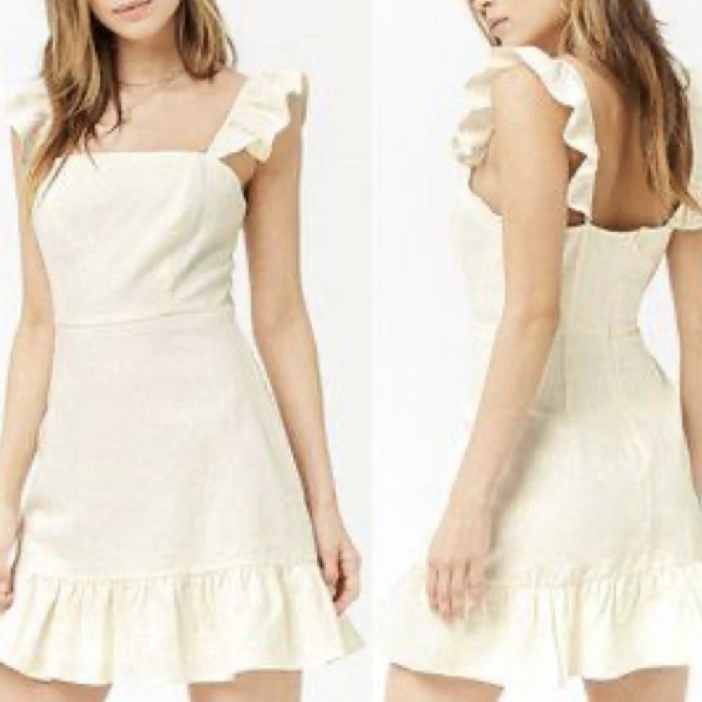 Montrez Linen Mini Dress‎ Off White Cream Medium Ruffle Flutter Straps Bridal